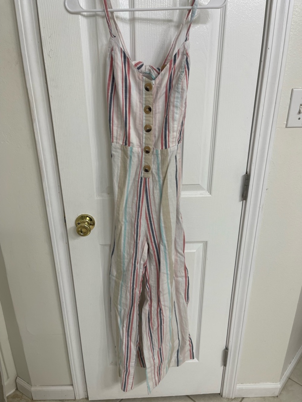 Japna Cream Striped One-Piece Jumpsuit with Red, Blue & Tan Stripes